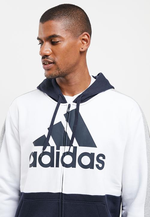 adidas Performance - Essentials Colourblock Fleece Full-Zip Hoodie- White & Legend ink