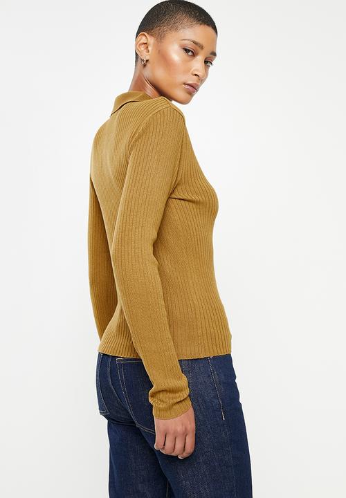 Jacqueline de Yong - Plum long sleeve polo collar pullover knit - cumin