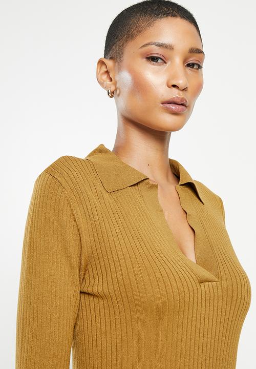 Jacqueline de Yong - Plum long sleeve polo collar pullover knit - cumin