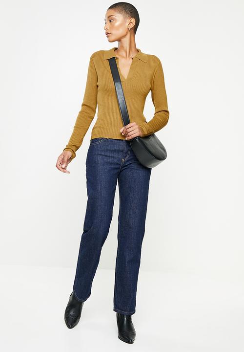 Jacqueline de Yong - Plum long sleeve polo collar pullover knit - cumin