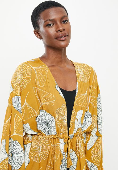 Trendyol - Floral patterned tassel detailed kimono kaftan - yellow