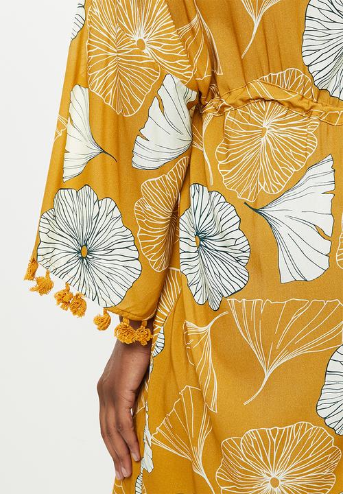 Trendyol - Floral patterned tassel detailed kimono kaftan - yellow