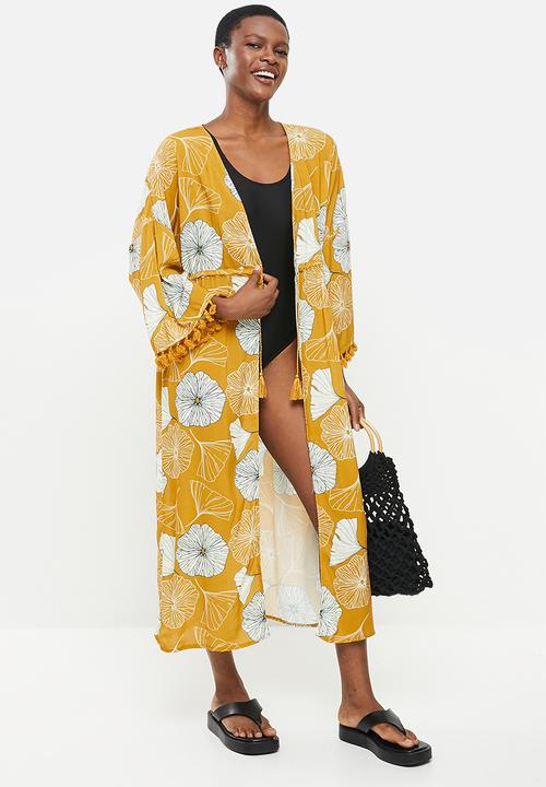 Trendyol - Floral patterned tassel detailed kimono kaftan - yellow