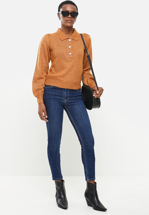 Jacqueline de Yong - Rue long sleeve collar button pullover - brown