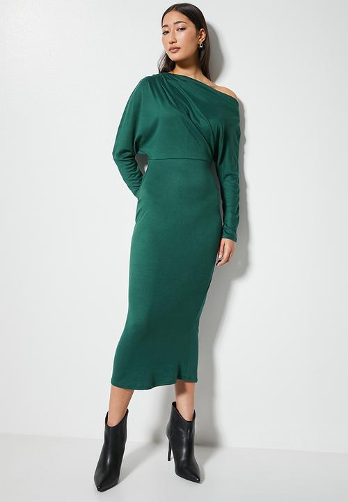 VELVET - Off shoulder knit column dress - green
