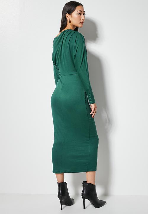 VELVET - Off shoulder knit column dress - green