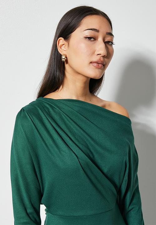 VELVET - Off shoulder knit column dress - green