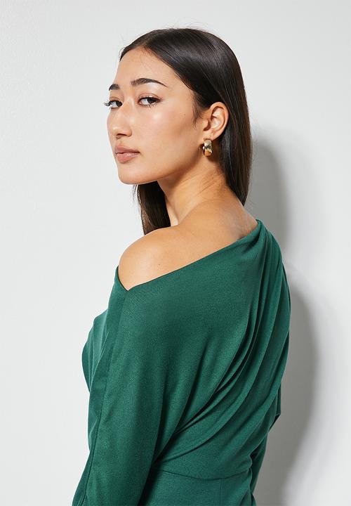 VELVET - Off shoulder knit column dress - green