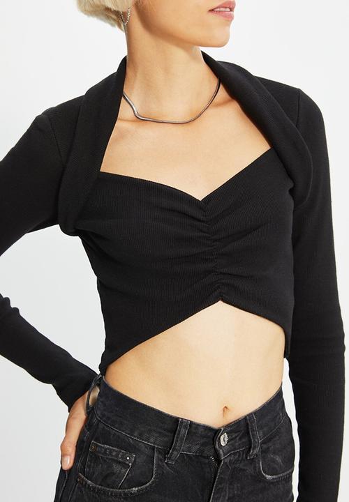 Trendyol - Pleated crop knitted blouse - black