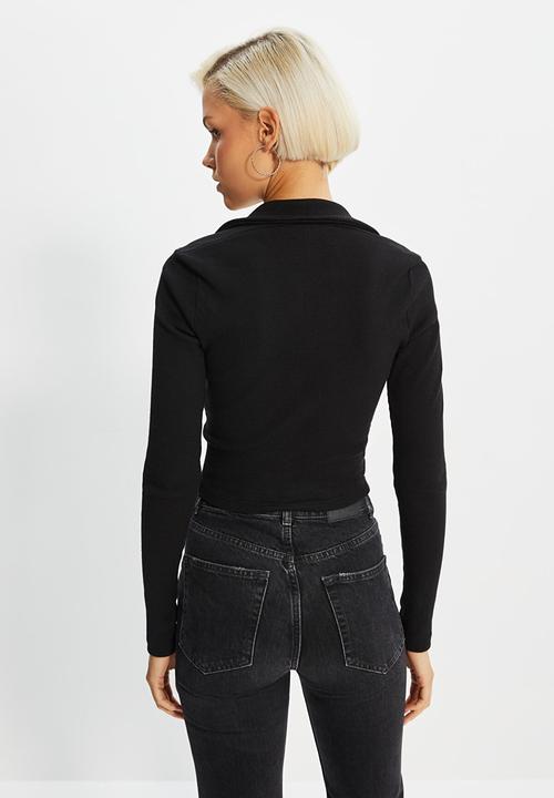 Trendyol - Pleated crop knitted blouse - black