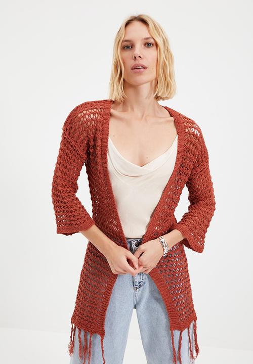 Trendyol - Long openwork tasseled knitwear cardigan cardigan - brick