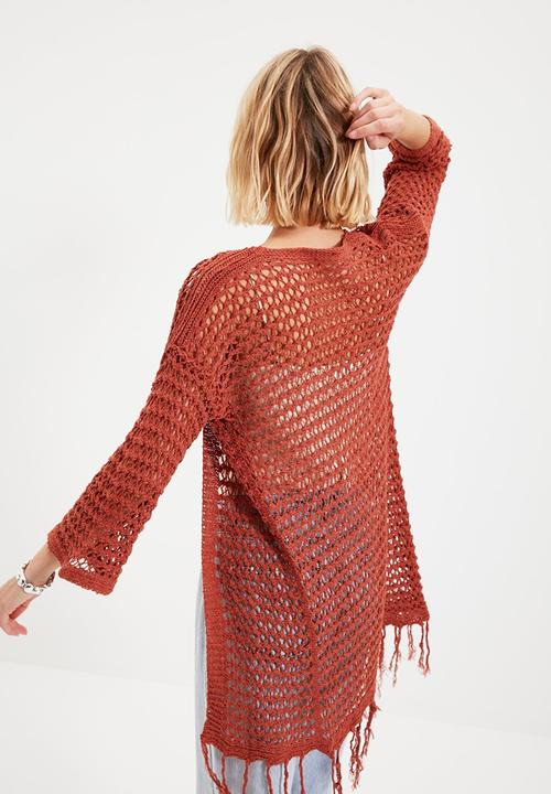 Trendyol - Long openwork tasseled knitwear cardigan cardigan - brick