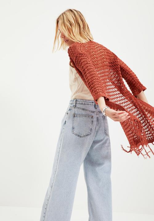 Trendyol - Long openwork tasseled knitwear cardigan cardigan - brick