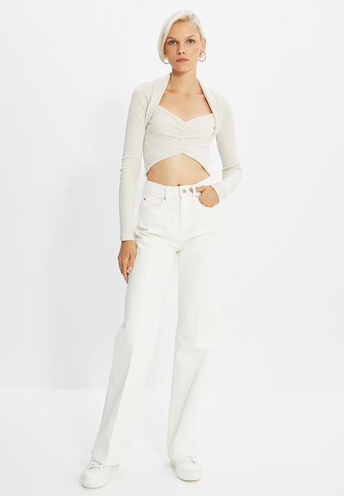 Trendyol - Pleated crop knitted blouse - ecru