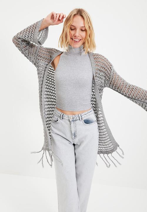 Trendyol - Long openwork tasseled knitwear cardigan cardigan - grey