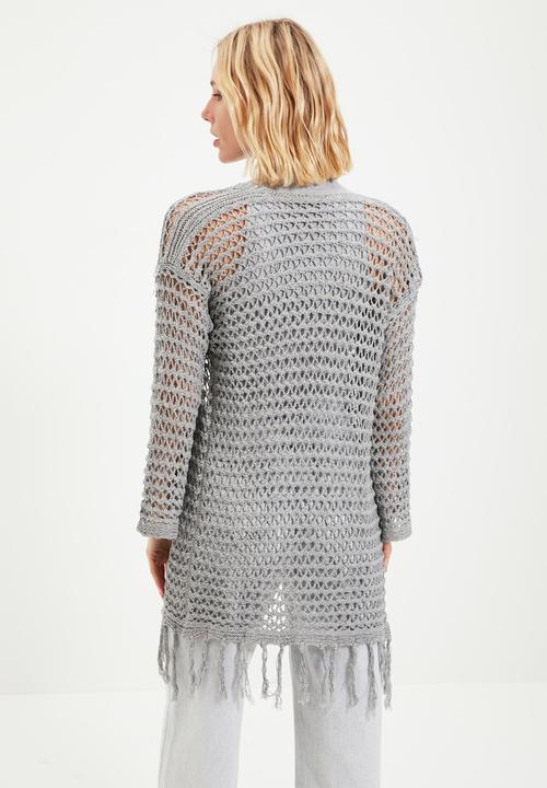 Trendyol - Long openwork tasseled knitwear cardigan cardigan - grey