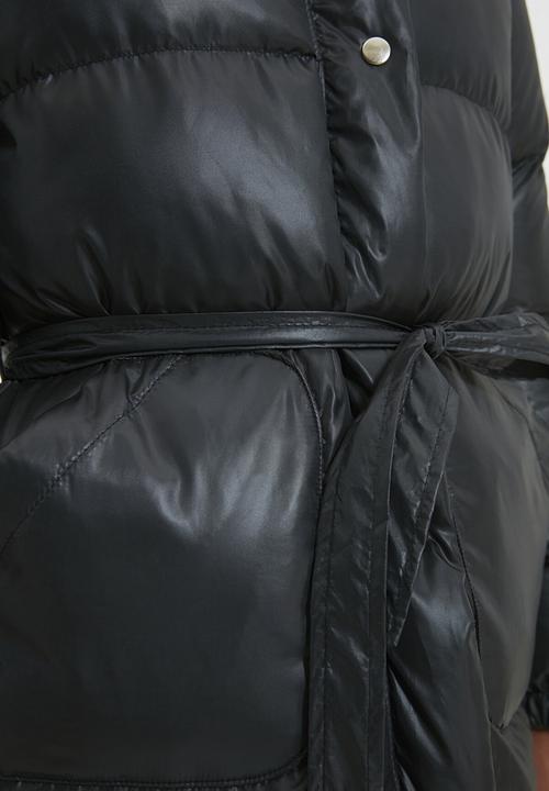 Trendyol - Hooded pocket detailed belted coat  - black
