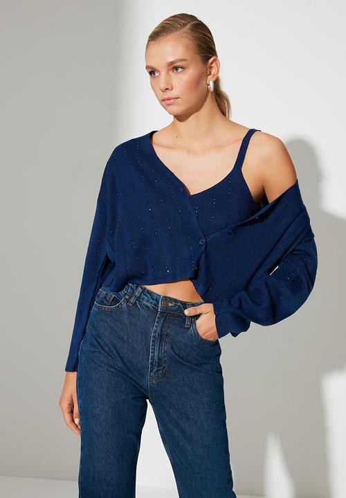 Trendyol - Crop blouse cardigan knitwear suit - navy