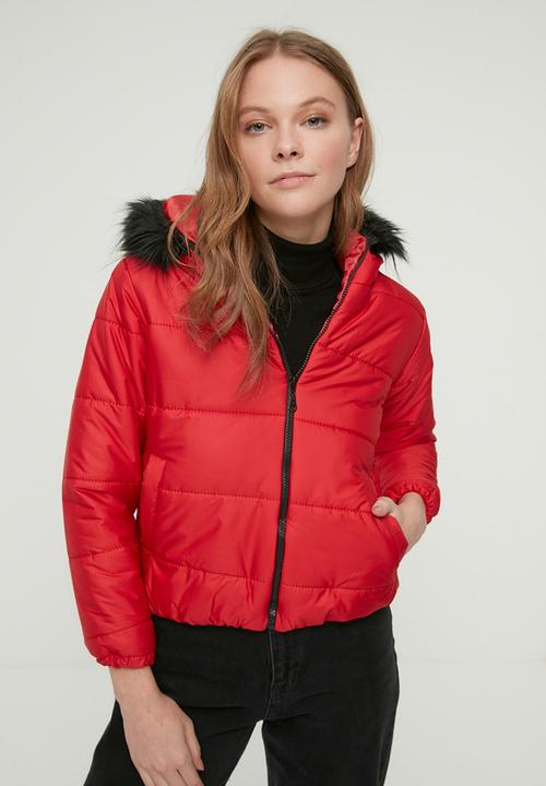 Trendyol - Fur hooded puffer jacket - red