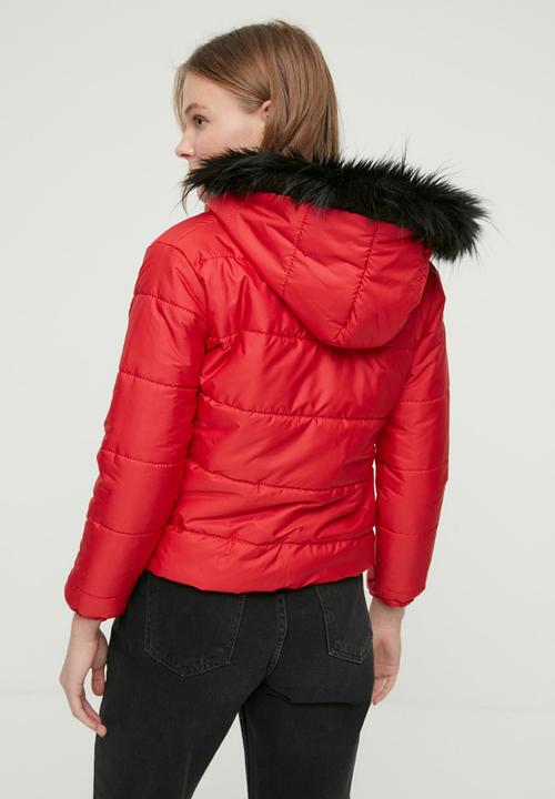 Trendyol - Fur hooded puffer jacket - red