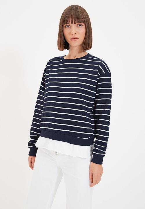 Trendyol - Striped basic knit slim thin sweatshirt - navy & white 