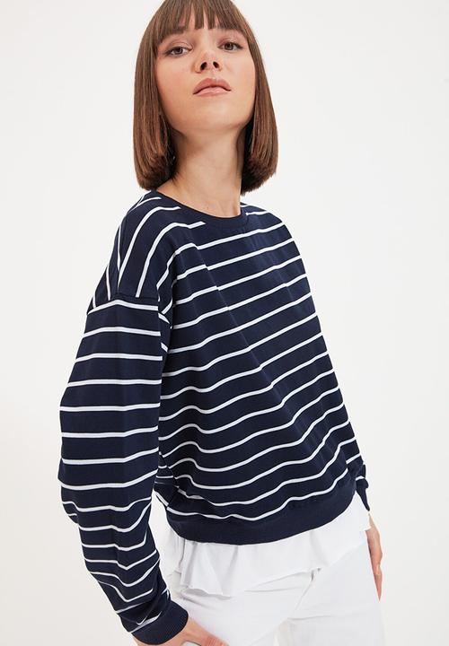 Trendyol - Striped basic knit slim thin sweatshirt - navy & white 