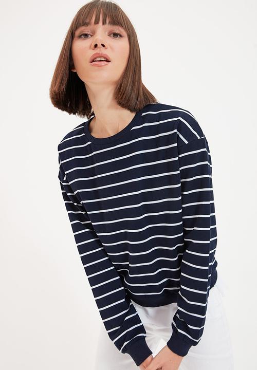 Trendyol - Striped basic knit slim thin sweatshirt - navy & white 