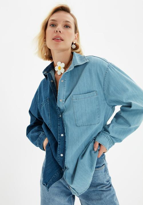 Trendyol - Color block oversize denim shirt - blue