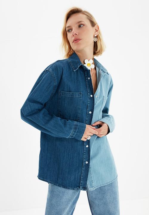 Trendyol - Color block oversize denim shirt - blue
