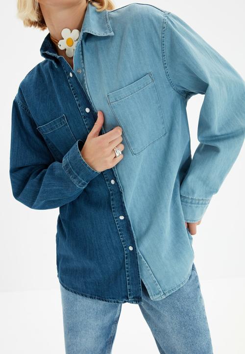 Trendyol - Color block oversize denim shirt - blue