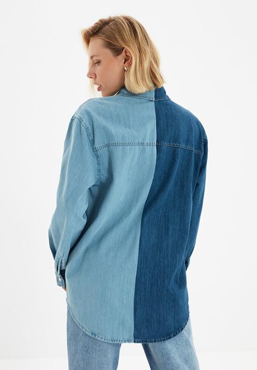 Trendyol - Color block oversize denim shirt - blue
