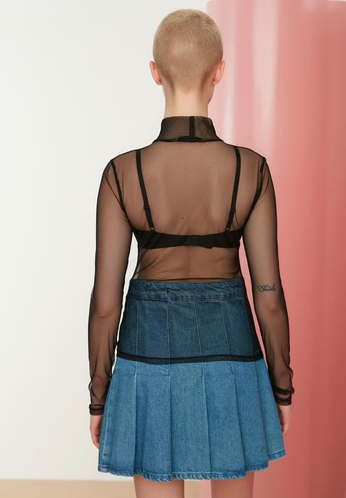 Trendyol - Stand up collar tulle knitted l/s top - black