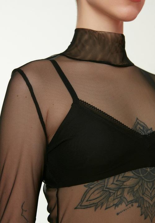 Trendyol - Stand up collar tulle knitted l/s top - black