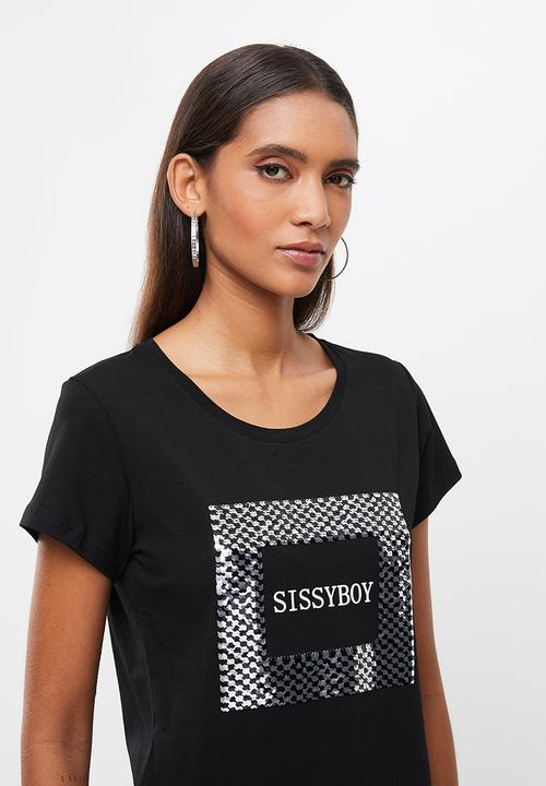 SISSY BOY - Basic round neck loose boxy short sleeve top with mixed plain print and sequin logo - black