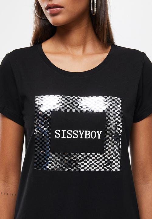 SISSY BOY - Basic round neck loose boxy short sleeve top with mixed plain print and sequin logo - black