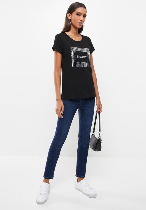 SISSY BOY - Basic round neck loose boxy short sleeve top with mixed plain print and sequin logo - black