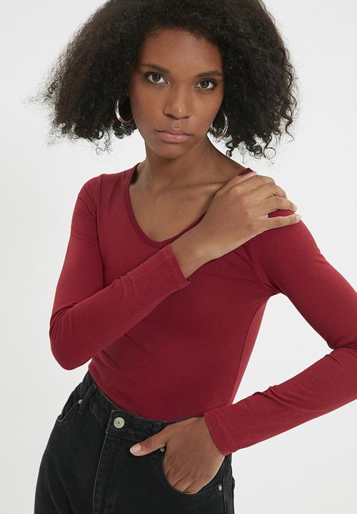 Trendyol - V-neck knitted bodysuit - burgundy
