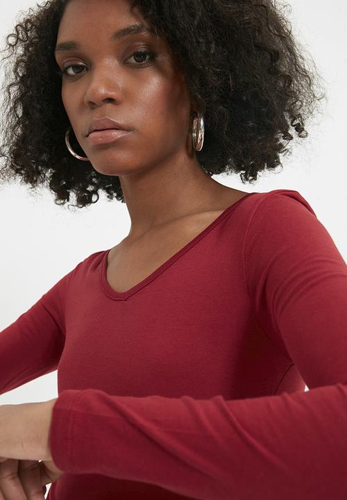 Trendyol - V-neck knitted bodysuit - burgundy