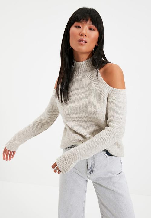 Trendyol - Silvery cut-out detailed knitwear sweater - stone