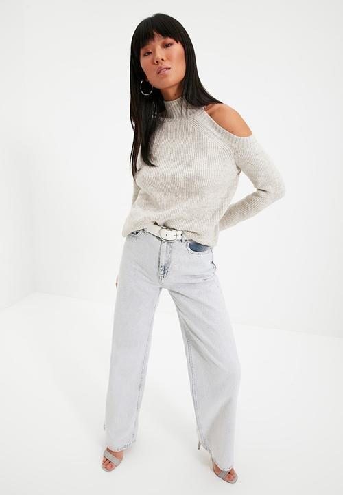 Trendyol - Silvery cut-out detailed knitwear sweater - stone