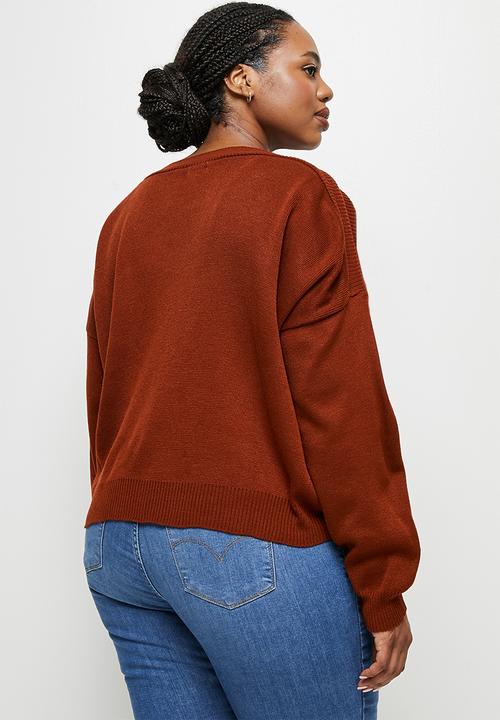 edit Plus - Slash neck basic jumper - dark rust