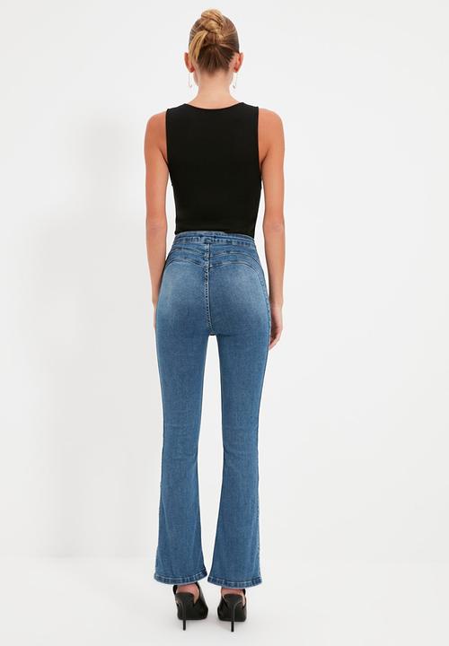 Trendyol - Stitch detail high waist flare jeans - blue