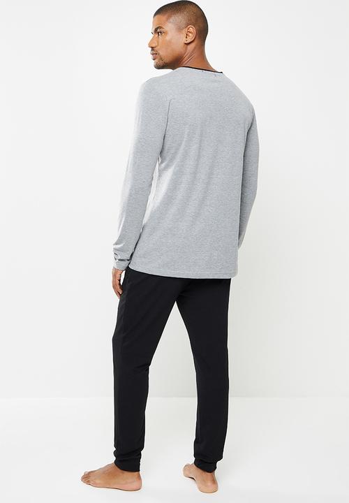 Superbalist - Slim fit stretch knit long sleeve sleep set - grey & black