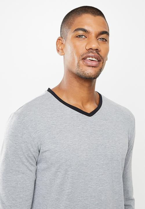 Superbalist - Slim fit stretch knit long sleeve sleep set - grey & black