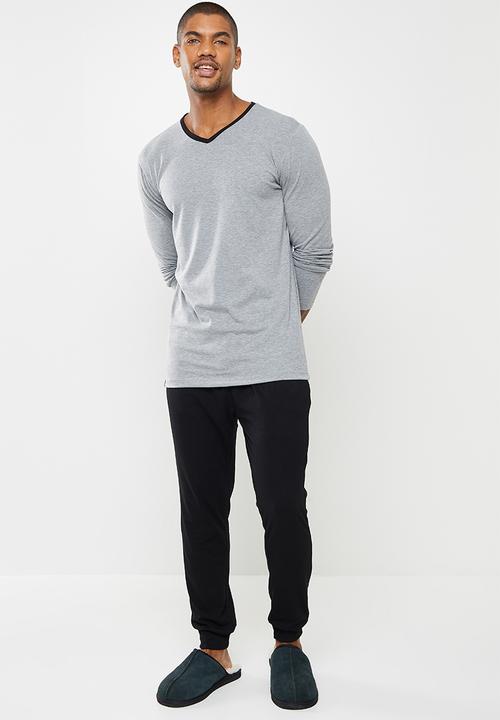 Superbalist - Slim fit stretch knit long sleeve sleep set - grey & black