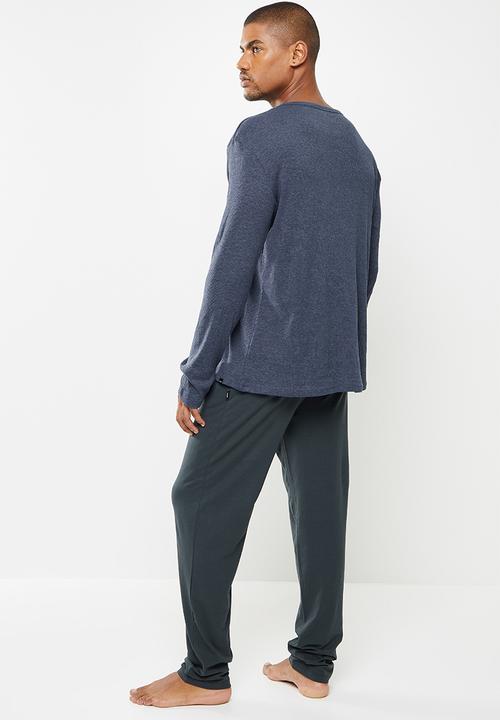 Superbalist - Premium ribbed crew neck  & lounge pant sleep set - navy melage & atlantic grey