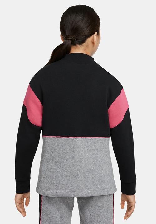 Nike - G nsw flc ls mock top - black, carbon heather & rush pink