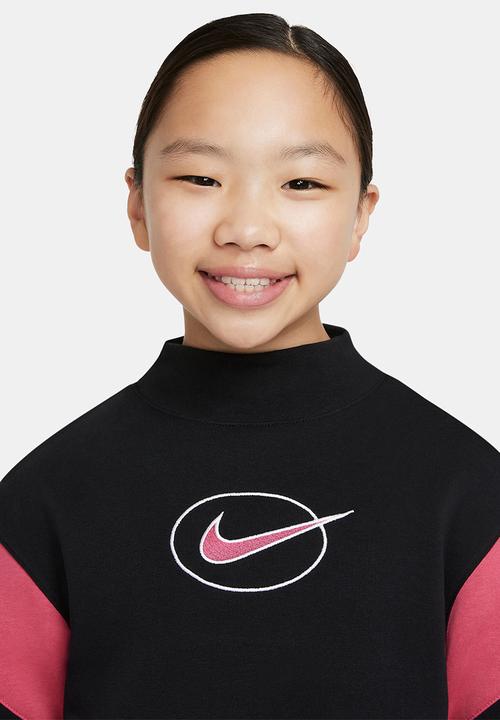 Nike - G nsw flc ls mock top - black, carbon heather & rush pink