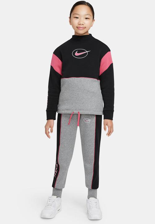 Nike - G nsw flc ls mock top - black, carbon heather & rush pink