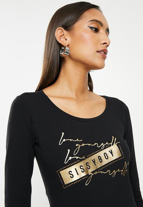 SISSY BOY - Basic round neck fitted long sleeve top with mixed print - black